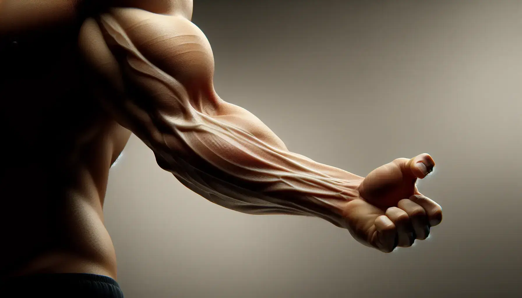Primer plano de brazo humano mostrando flexión de antebrazo con bíceps contraído y tríceps relajado, sin objetos distractores y fondo neutro desenfocado.
