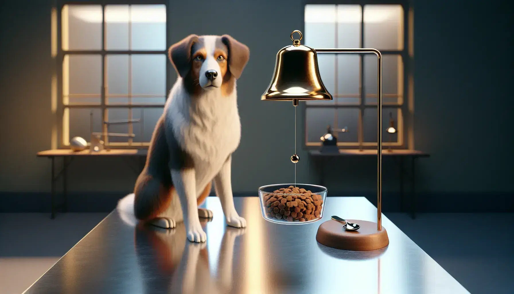Brown and white dog sitting in laboratory waits for sound of brass bell next to bowl of food, blurred background with laboratory equipment.
