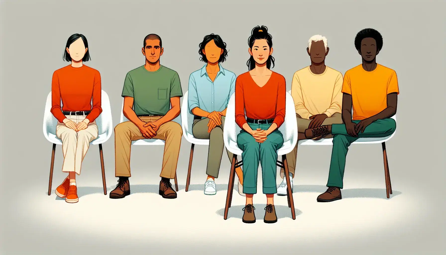 Five people sitting in a semicircle on white chairs, with an empty chair in front. Ethnic diversity and colorful clothes in neutral environment.