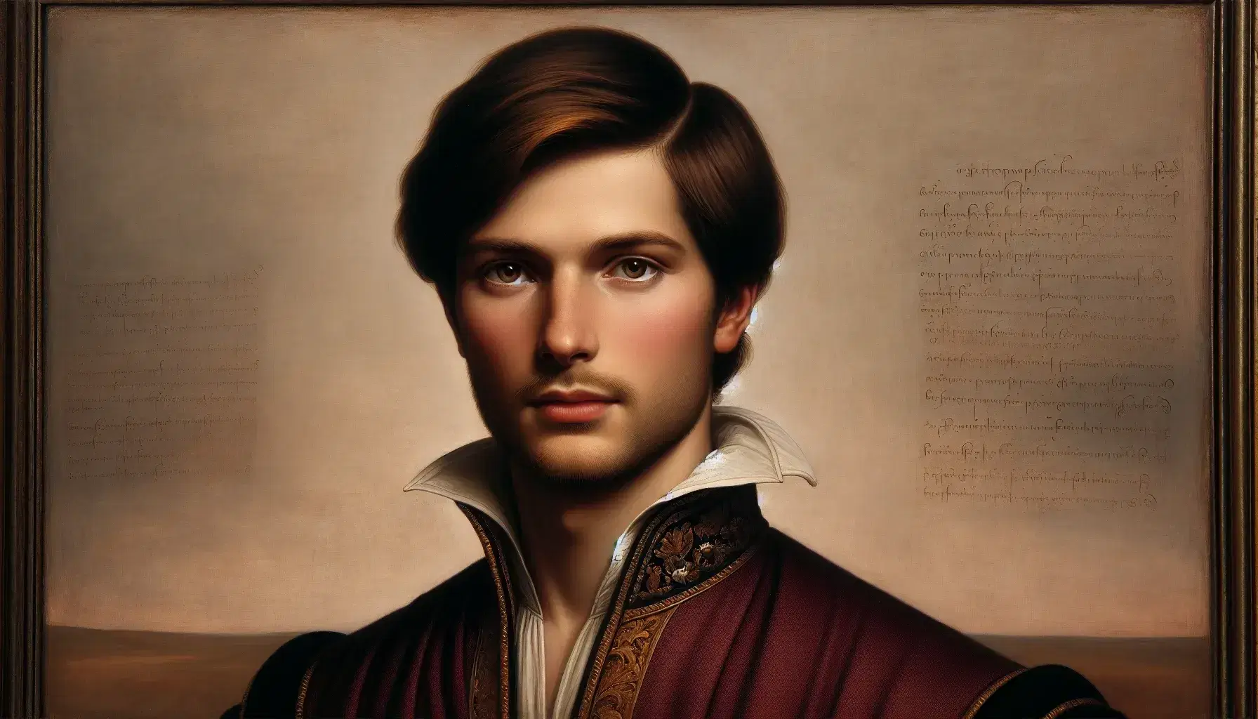 Ritratto olio su tela di uomo rinascimentale con abito rosso scuro, dettagli dorati e camicia bianca, espressione seria e pensierosa.