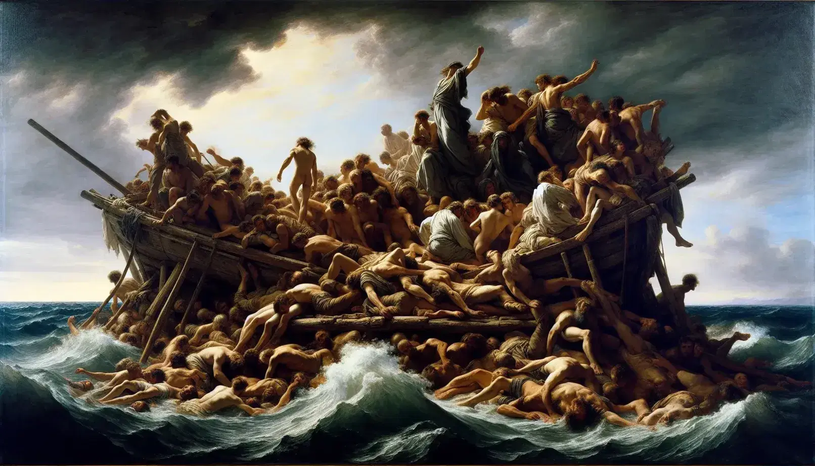 Rappresentazione drammatica su zattera in mare di Géricault, 'La zattera della Medusa', con figure umane ammassate e contrasti chiaroscurali.