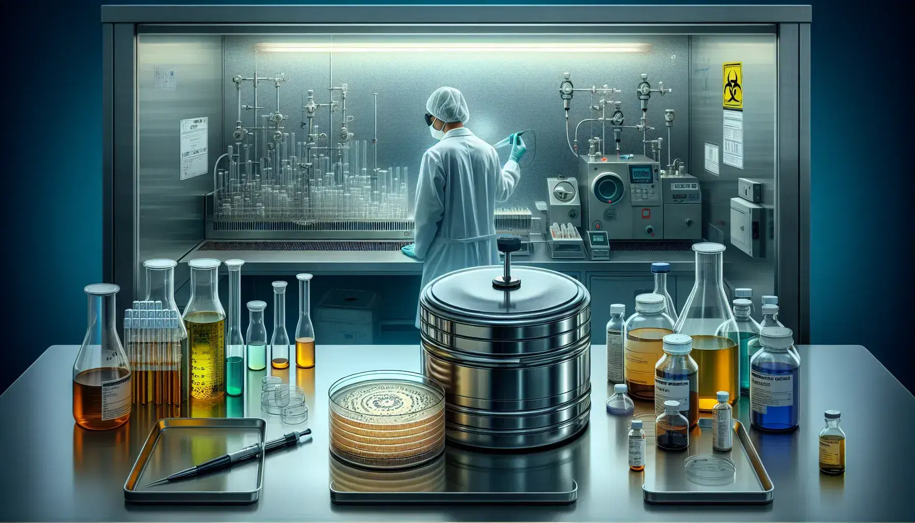 Laboratory scene with a scientist in PPE using a pipette in a fume hood, a sealed petri dish on a bench, and an autoclave to the side.