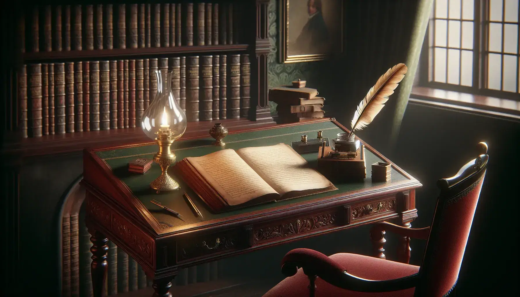 Vintage wooden writing desk with intricate carvings, open leather-bound book, feather quill in brass inkwell, and unlit oil lamp in a dim room with green wallpaper.
