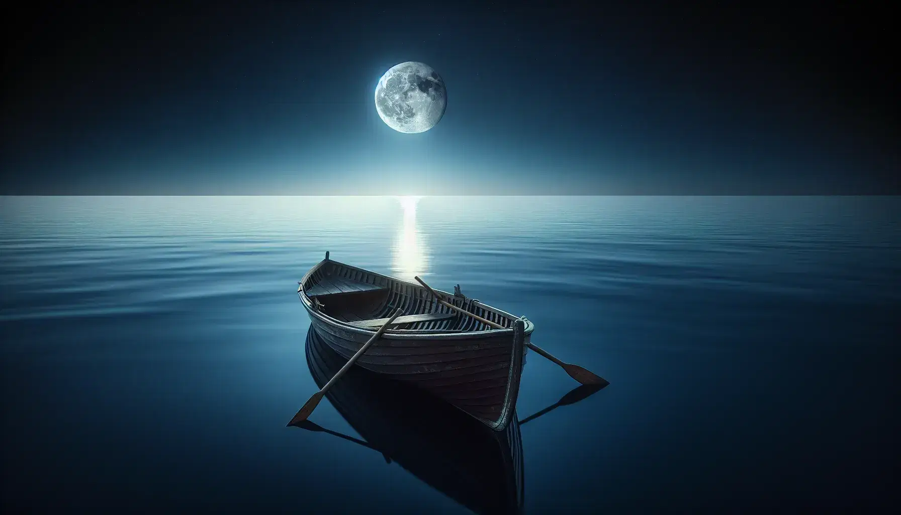 Vintage wooden rowboat on calm sea under full moon, with clear starry sky and distant land silhouette, evoking a tranquil nocturnal scene.