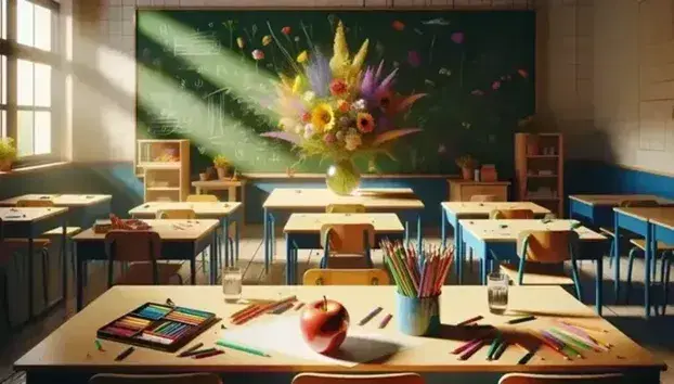 Aula scolastica colorata con tavolo e sedie, studenti impegnati, mela rossa, bicchiere d'acqua, matite colorate e fiori selvatici.