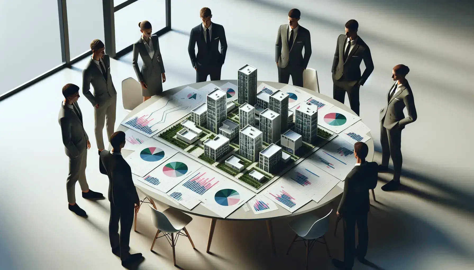 Grupo de profesionales analizando maqueta arquitectónica y gráficos de datos en reunión de trabajo, con enfoque en la colaboración y el diseño urbano.