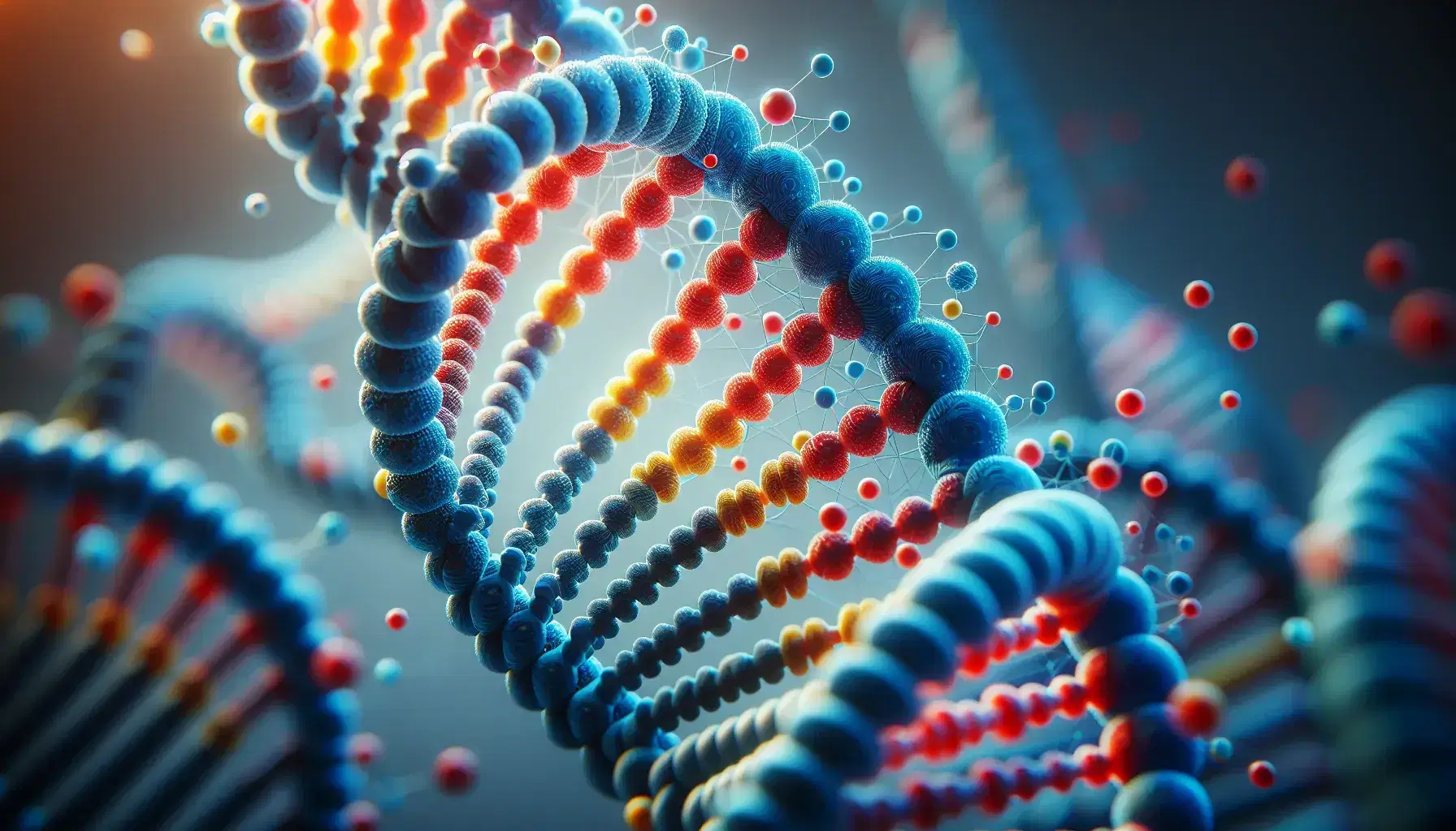 Estructura detallada de una doble hélice de ADN en 3D con bases conectadas en colores complementarios sobre fondo uniforme.