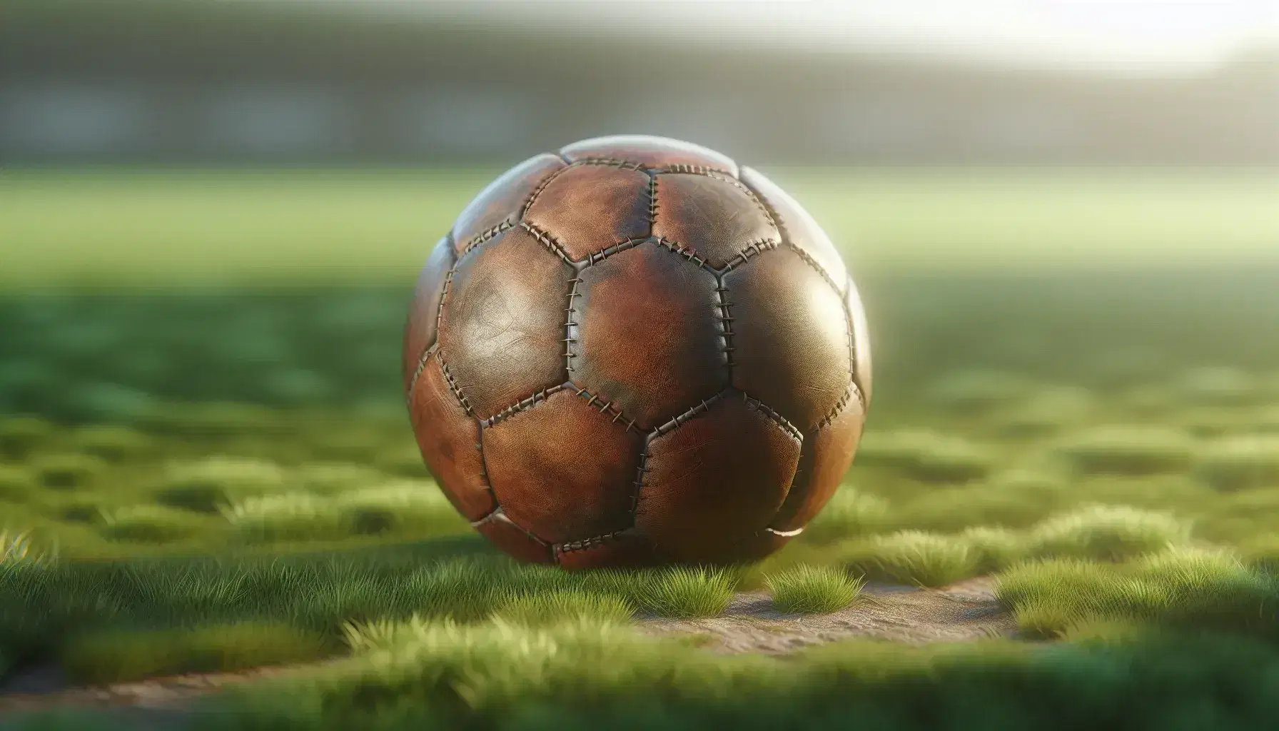Balón de fútbol antiguo de cuero marrón con costuras a mano sobre césped desgastado, iluminado por el sol, evocando la tradición del deporte.
