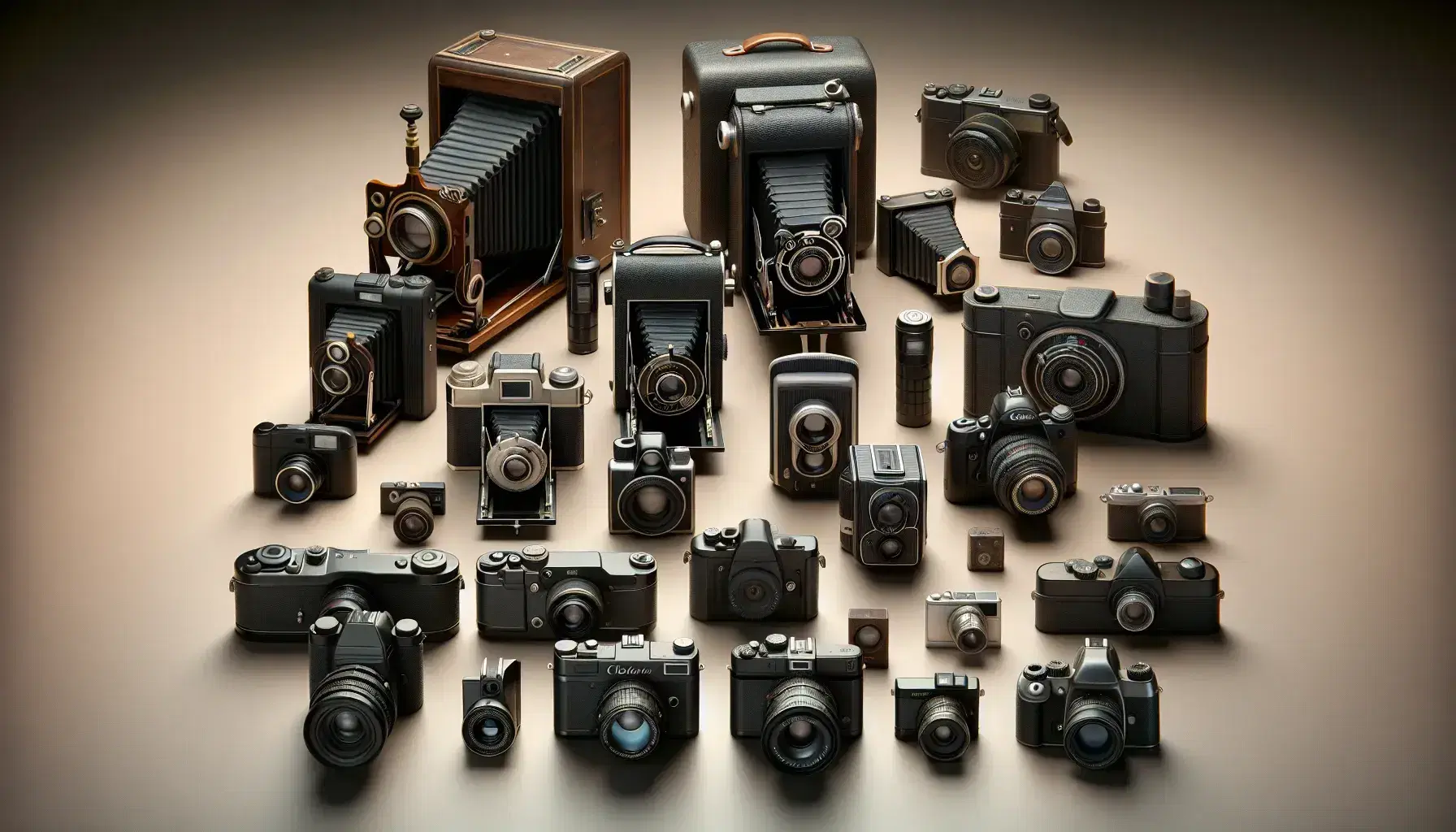 Collezione di macchine fotografiche storiche in ordine cronologico, da camera oscura portatile a digitale SLR moderna su sfondo neutro.
