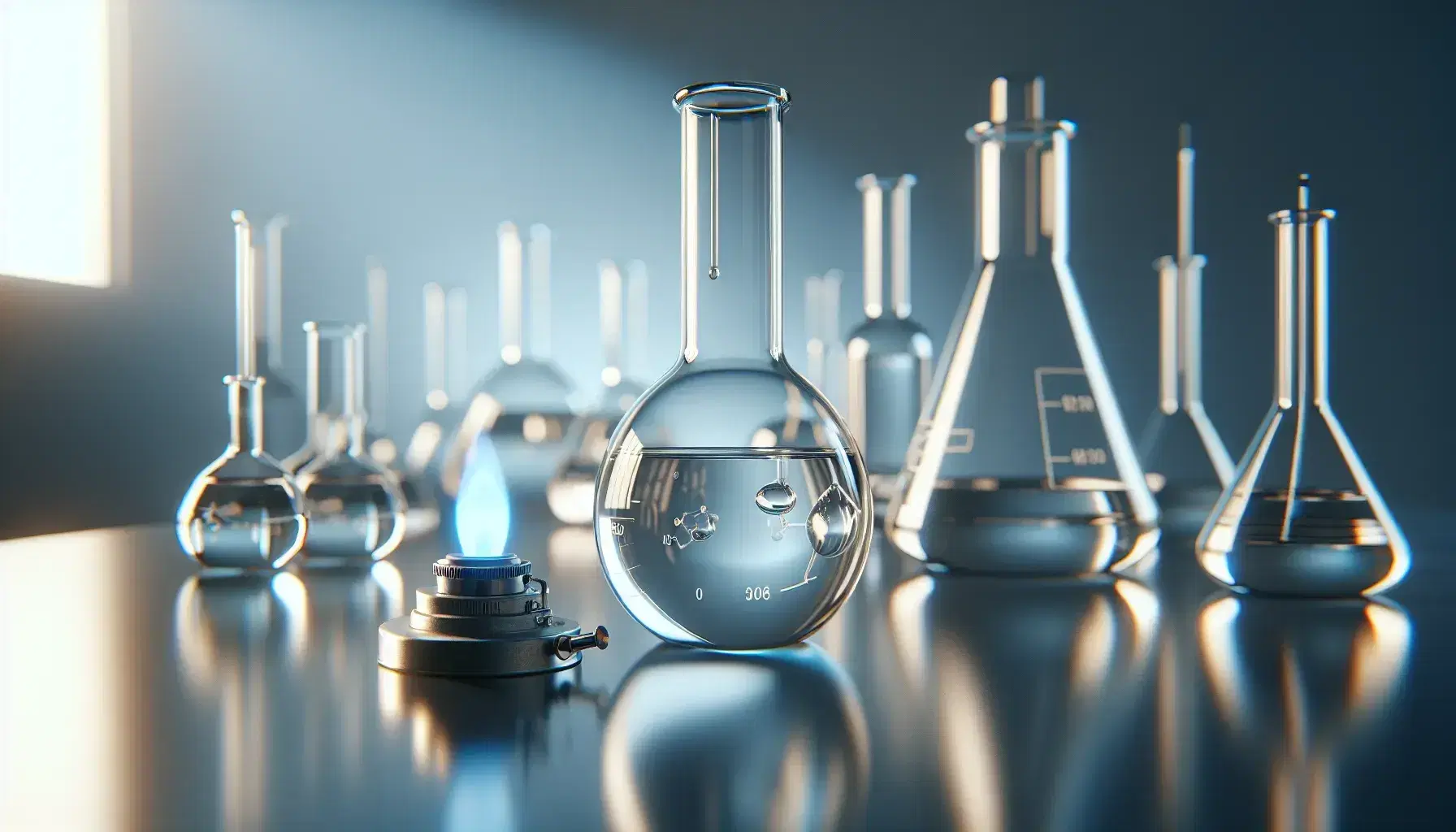 Glass flask with colorless liquid on reflective laboratory bench, heated by Bunsen burner with blue flame, other flasks in the background.