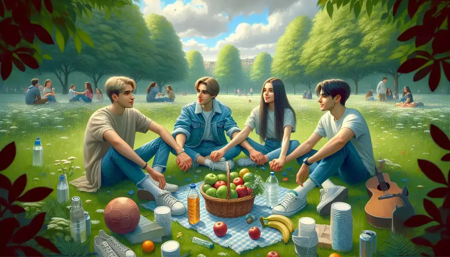 Quattro amici in un parco seduti sull'erba con un cesto di frutta, conversano felici in una giornata soleggiata.