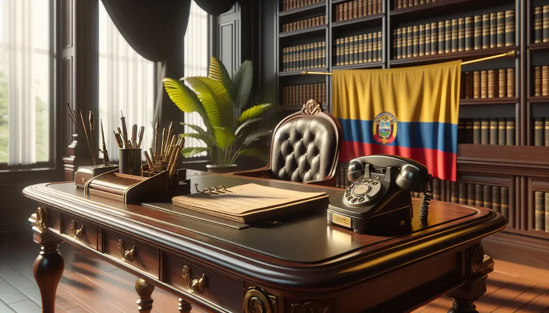 Escritorio de madera pulida en oficina gubernamental con teléfono antiguo, bandera de Colombia y silla de cuero, iluminado por lámpara de pie.