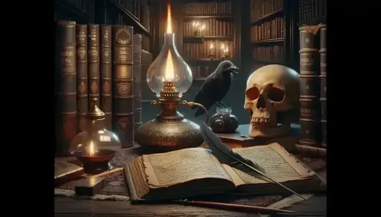 Escena nocturna en biblioteca antigua con lámpara de aceite, libro abierto, pluma de ave en tintero y cráneo humano, rodeados de estantes oscuros llenos de libros.