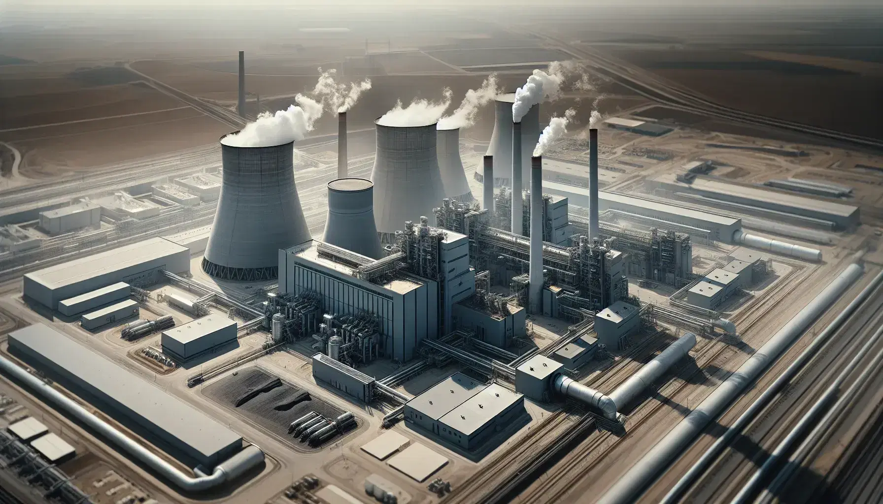 Vista aerea di una centrale a carbone con silos, torre di raffreddamento con vapore, ciminiera fumante e strutture industriali in un'area arida.