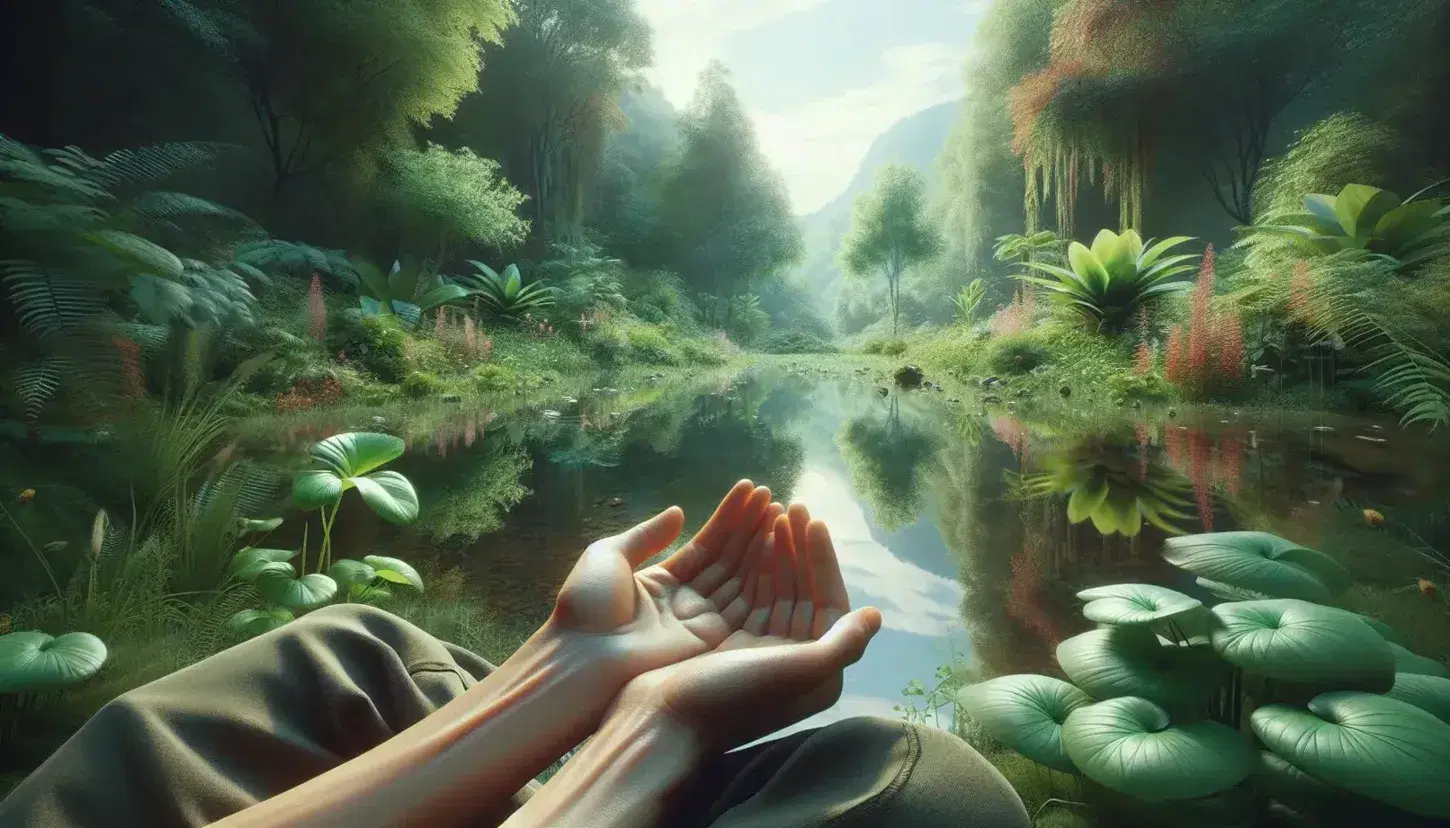 Relaxed hands in close-up on background of green nature and pond, blue sky with clouds, natural lighting and reflections on water.