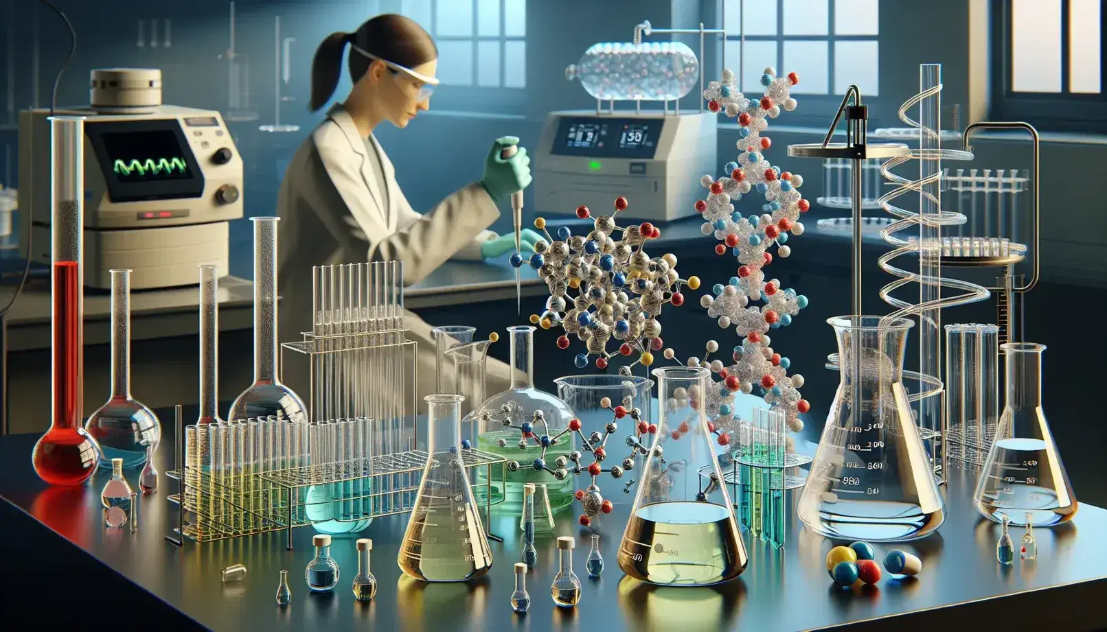 Laboratory with central bench, scientific glassware, bottles with colored liquids, protein crystal model and scientist at work.