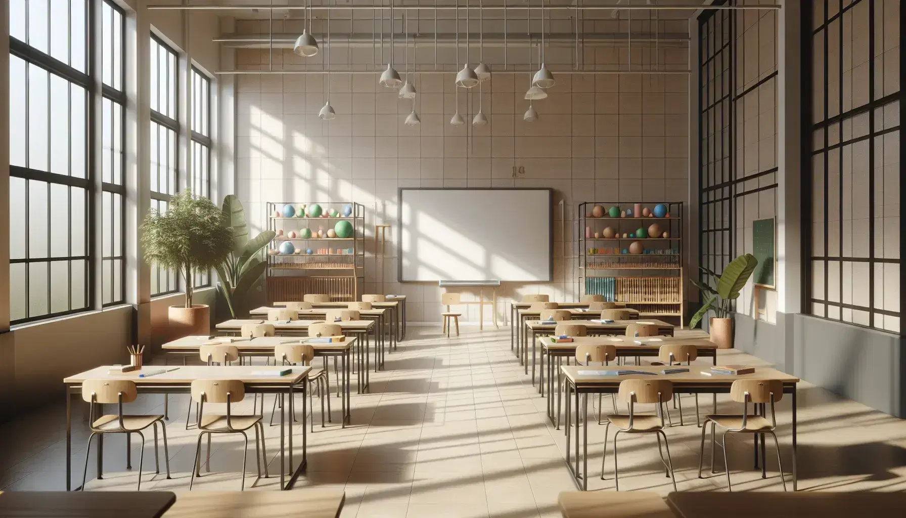 Aula espaciosa y luminosa con filas de pupitres de madera, pizarra blanca al frente y estantería metálica con objetos didácticos, iluminada por ventanas grandes.