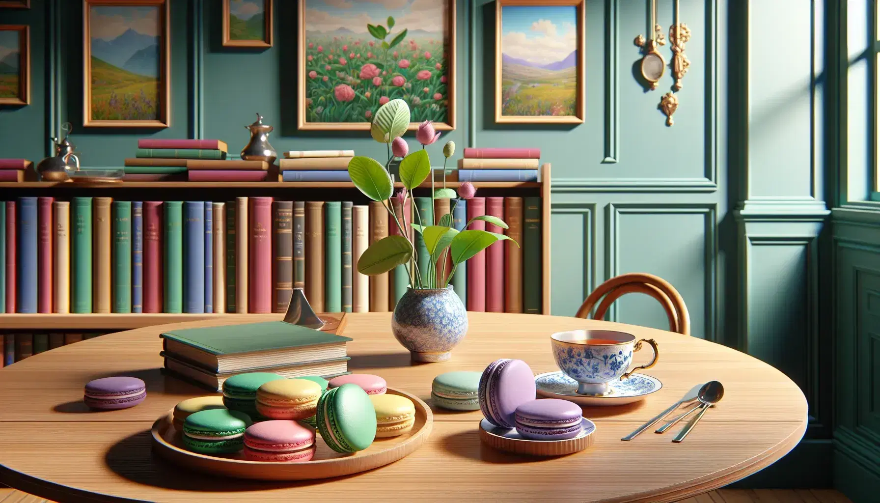 Round table with colorful macarons, porcelain teacup with tea, bookshelf with hardcovers, potted plant, armchair, and a window with a view of trees and sky.