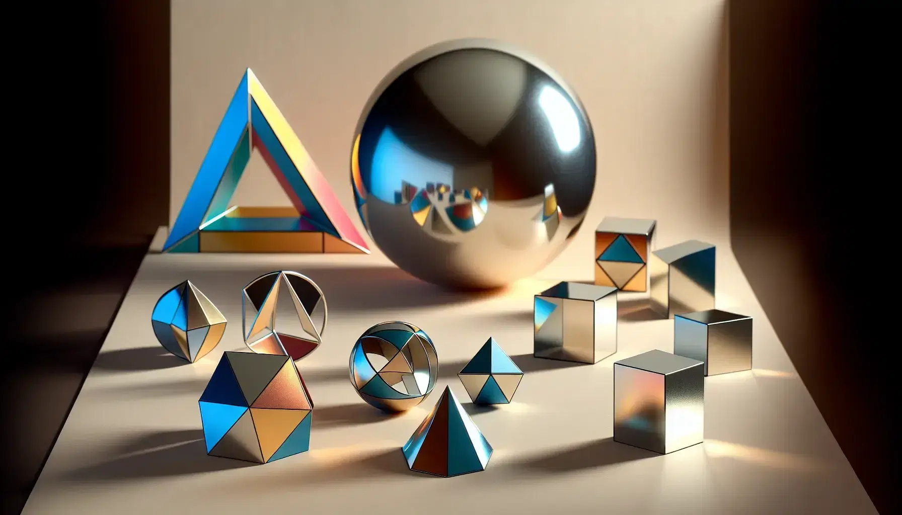 Collection of geometric shapes with metallic 3D sphere, cube, tetrahedron, and colorful 2D triangle, square, circle on a neutral surface.