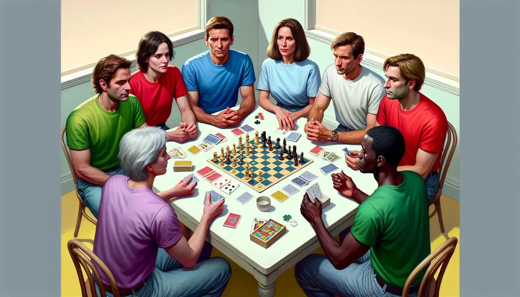 Gruppo multietnico di cinque persone gioca con carte, scacchi e puzzle attorno a un tavolo rotondo in ambiente luminoso.
