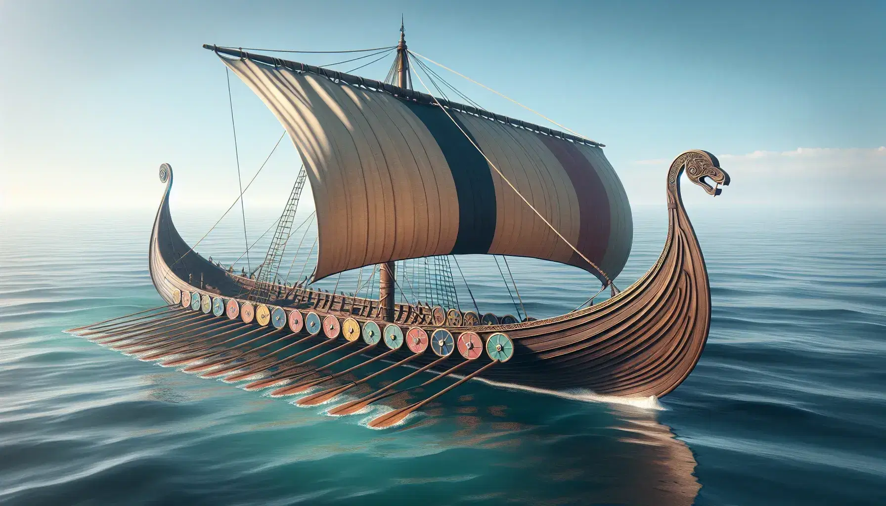 Traditional Norse longship with ornate dragon head prow, colorful shields, and large sail navigates calm blue sea under clear sky.