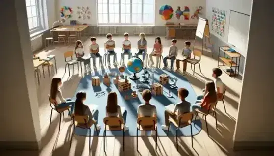 Studenti dai 12 ai 15 anni impegnati in attività didattica circolare con globo, blocchi colorati, microscopio e occhiali in aula luminosa.