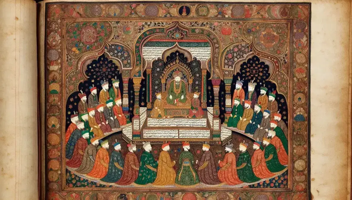 Ornate Mughal manuscript illustration featuring a court scene with figures in traditional attire, a throne, and elaborate floral and geometric border designs.