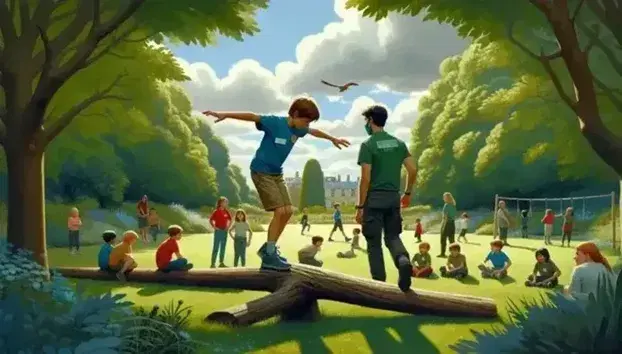 Bambini di diverse età e origini partecipano a un'attività all'aperto in un parco, con un bambino che si bilancia su un tronco caduto.