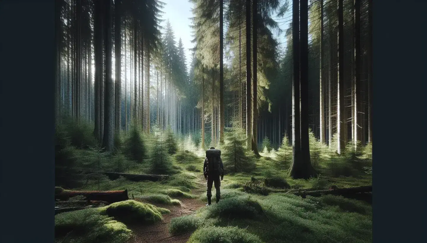 Escursionista in una foresta di conifere con raggi solari che filtrano tra gli alberi, suolo ricoperto di aghi di pino e muschio.