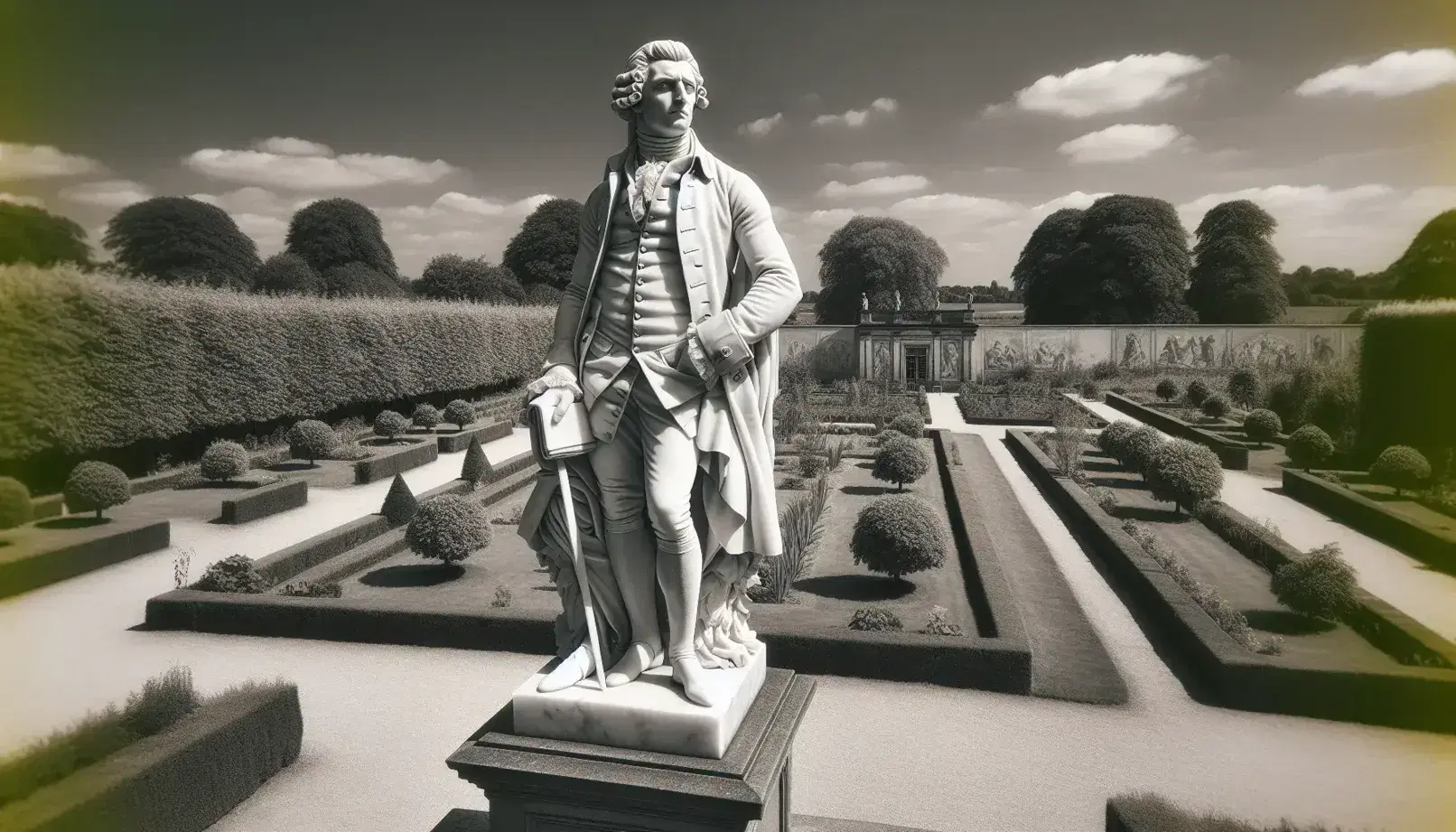 Statua in marmo bianco di figura maschile storica in posa pensosa con abiti del tardo XVIII secolo su piedistallo, in giardino con cielo azzurro.
