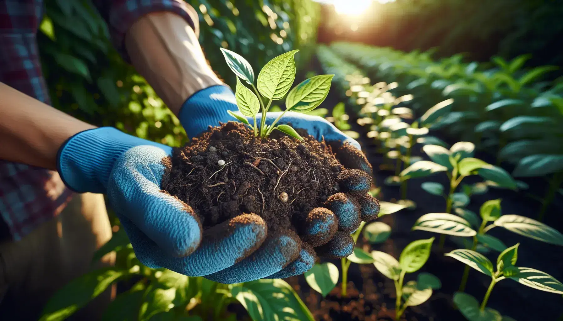 Manos enguantadas en azul sostienen tierra fértil y húmeda con plantas verdes saludables y luz solar suave en el fondo.
