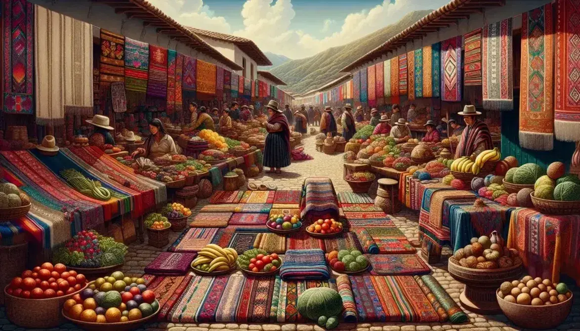 Vibrant Andean market scene with colorful textiles, fresh produce, and handcrafted pottery against a backdrop of green hills and Andean peaks.
