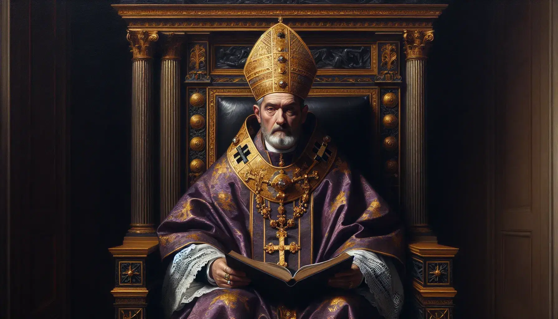 Ritratto di Papa Innocenzo III seduto su trono scuro intagliato con dettagli dorati, indossa tiara e paramenti viola con pallio bianco e croci nere.