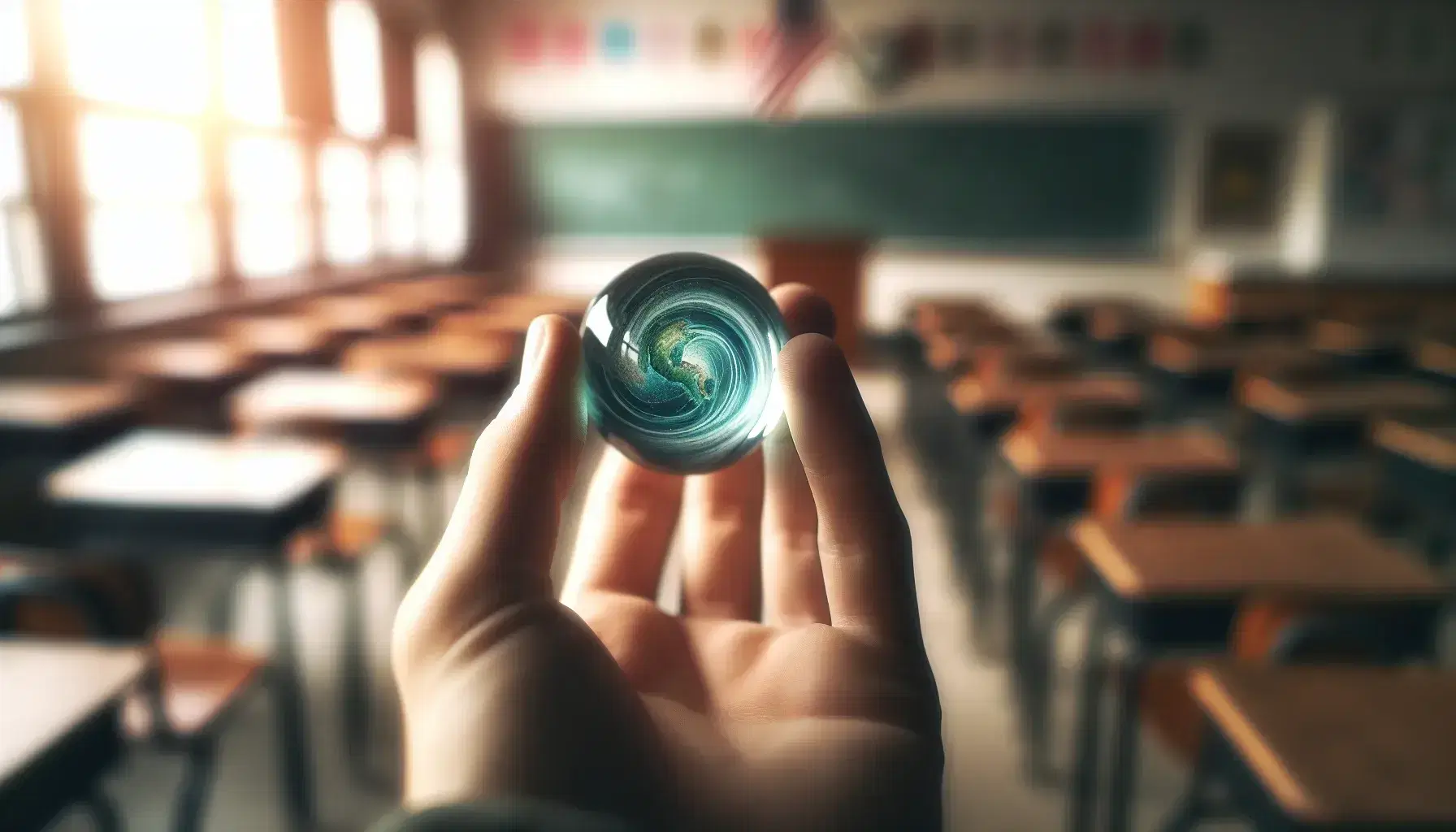 Hand holding a transparent marble with blue and green swirls, resembling Earth, against a blurred classroom background with desks and a chalkboard.