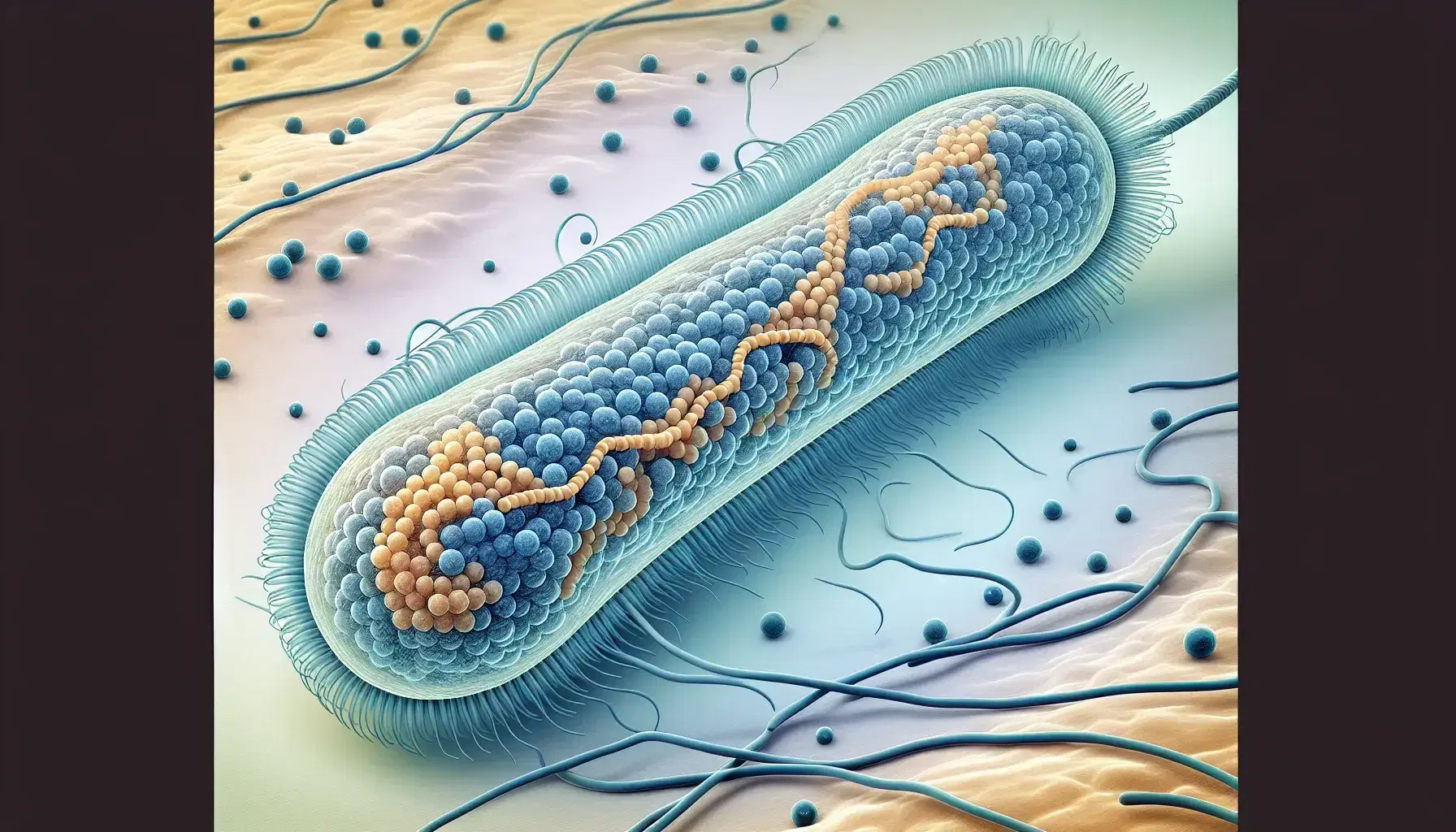 Close-up view of a rod-shaped bacterial cell with a semi-transparent surface, internal ribosomes, a nucleoid region, and strands of mRNA.