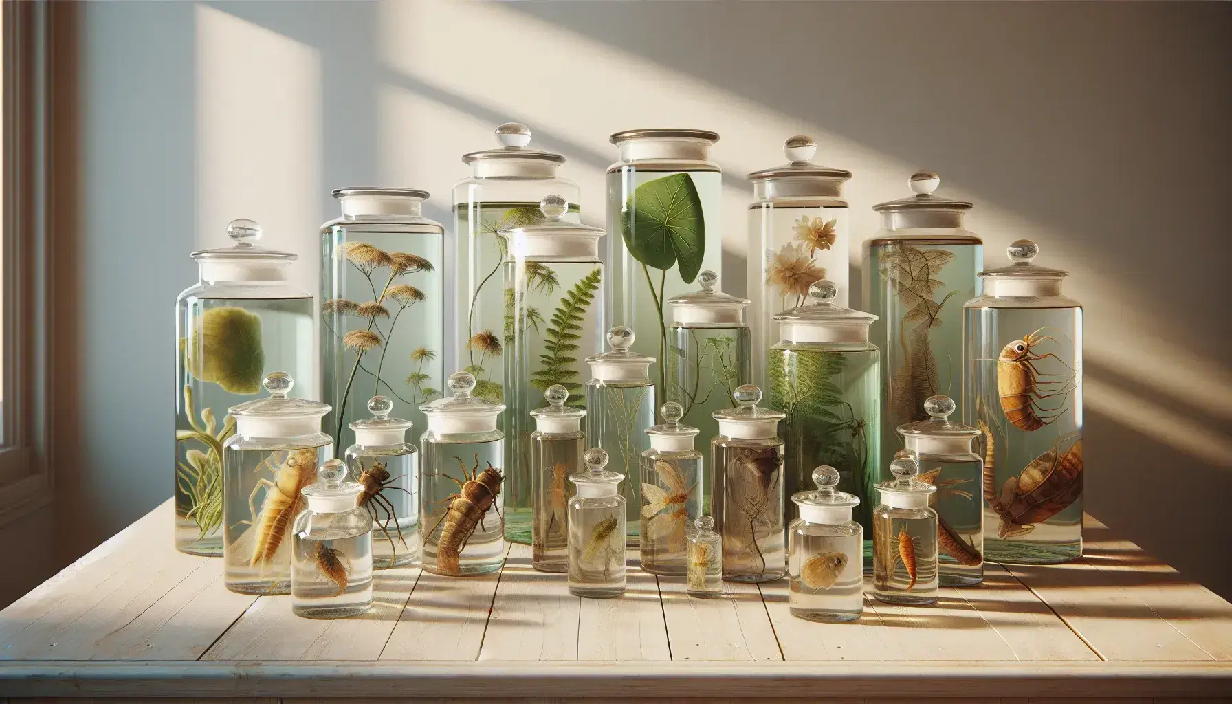 Frascos de vidrio con especímenes biológicos preservados en líquido, incluyendo plantas e invertebrados, sobre mesa de madera bajo luz natural.