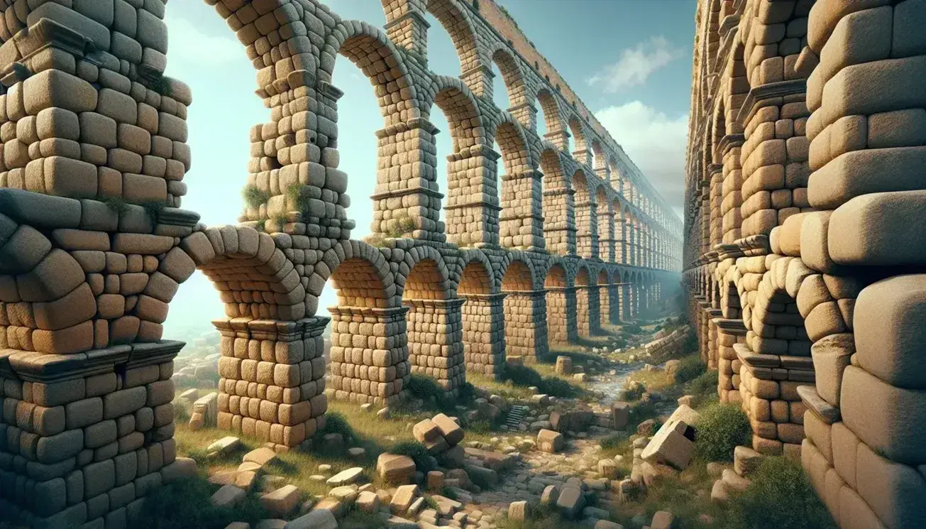 Rovine di un antico acquedotto romano con archi in pietra, circondato da erba verde sotto un cielo azzurro.