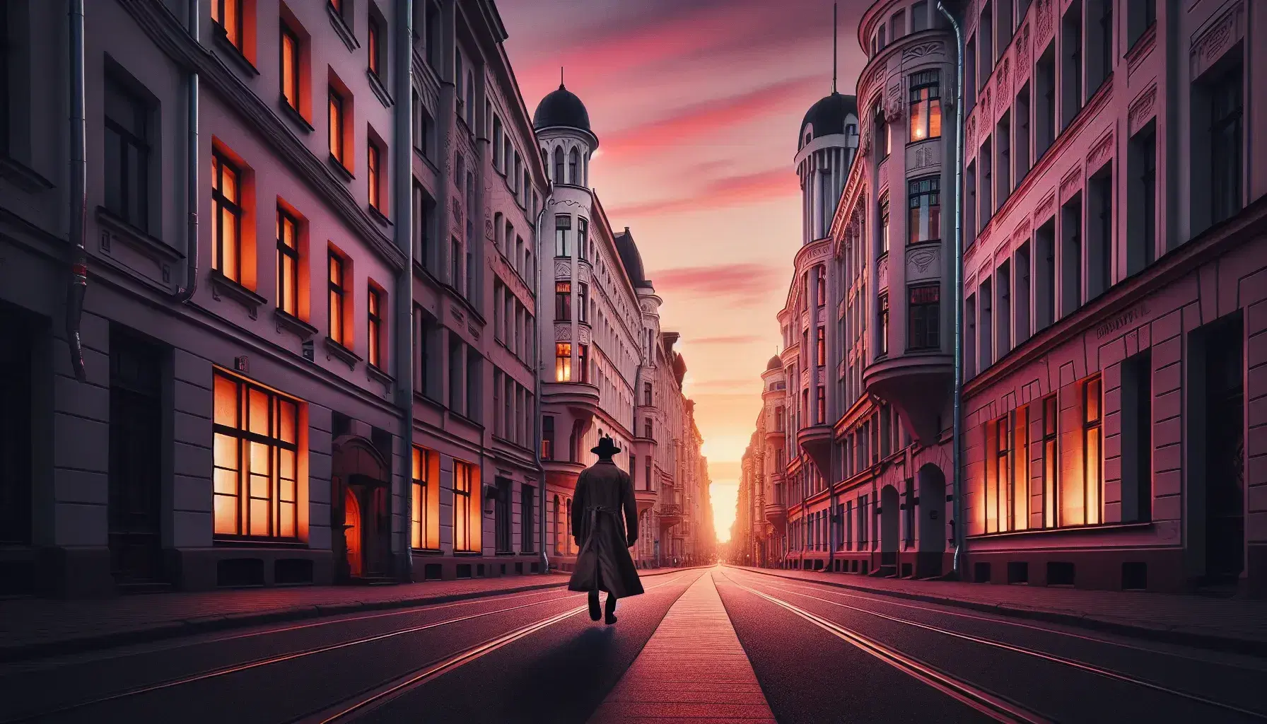 Scena urbana al tramonto con strada lastricata, edifici in stile Art Nouveau, uomo in abiti d'epoca e auto vintage in movimento sotto cielo sfumato.