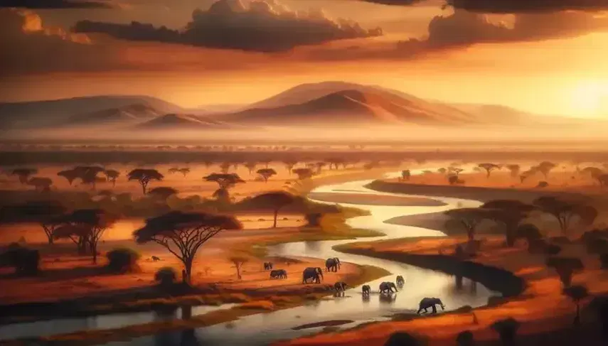 Golden sunset over the African savannah with hills on the horizon, serene river, acacia trees and a group of elephants near the water.