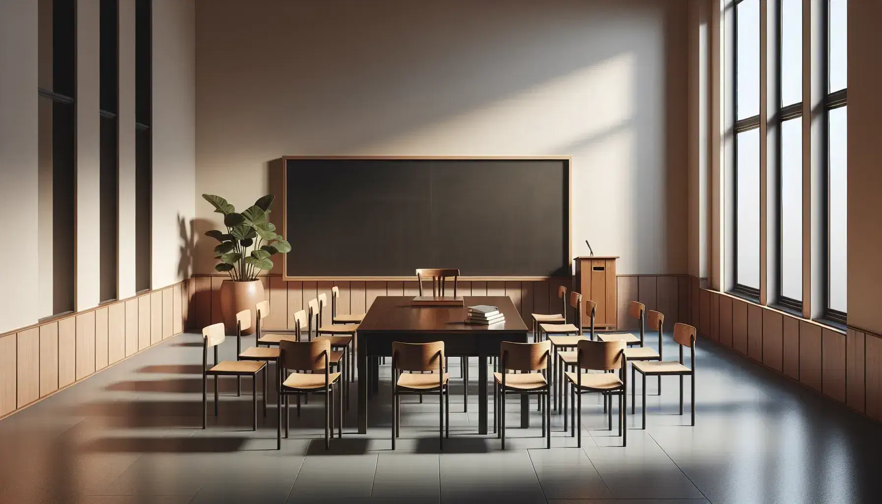 Aula scolastica spaziosa con pareti crema, grande tavolo e sedie in legno scuro, lavagna vuota, leggio e pianta verde.