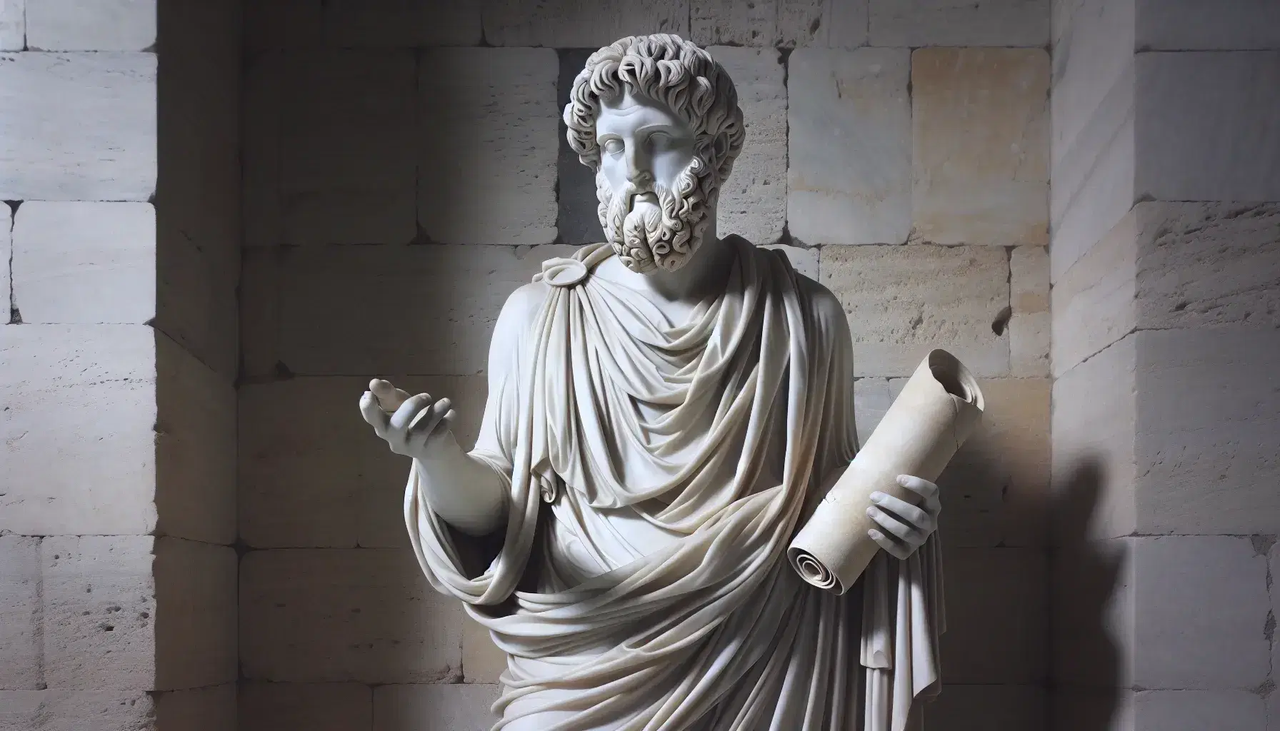 Estatua de mármol blanco de poeta griego antiguo, posiblemente Homero, en actitud de narración con túnica fluyente y detalles de cabello y barba rizados, sobre fondo de pared de piedra.