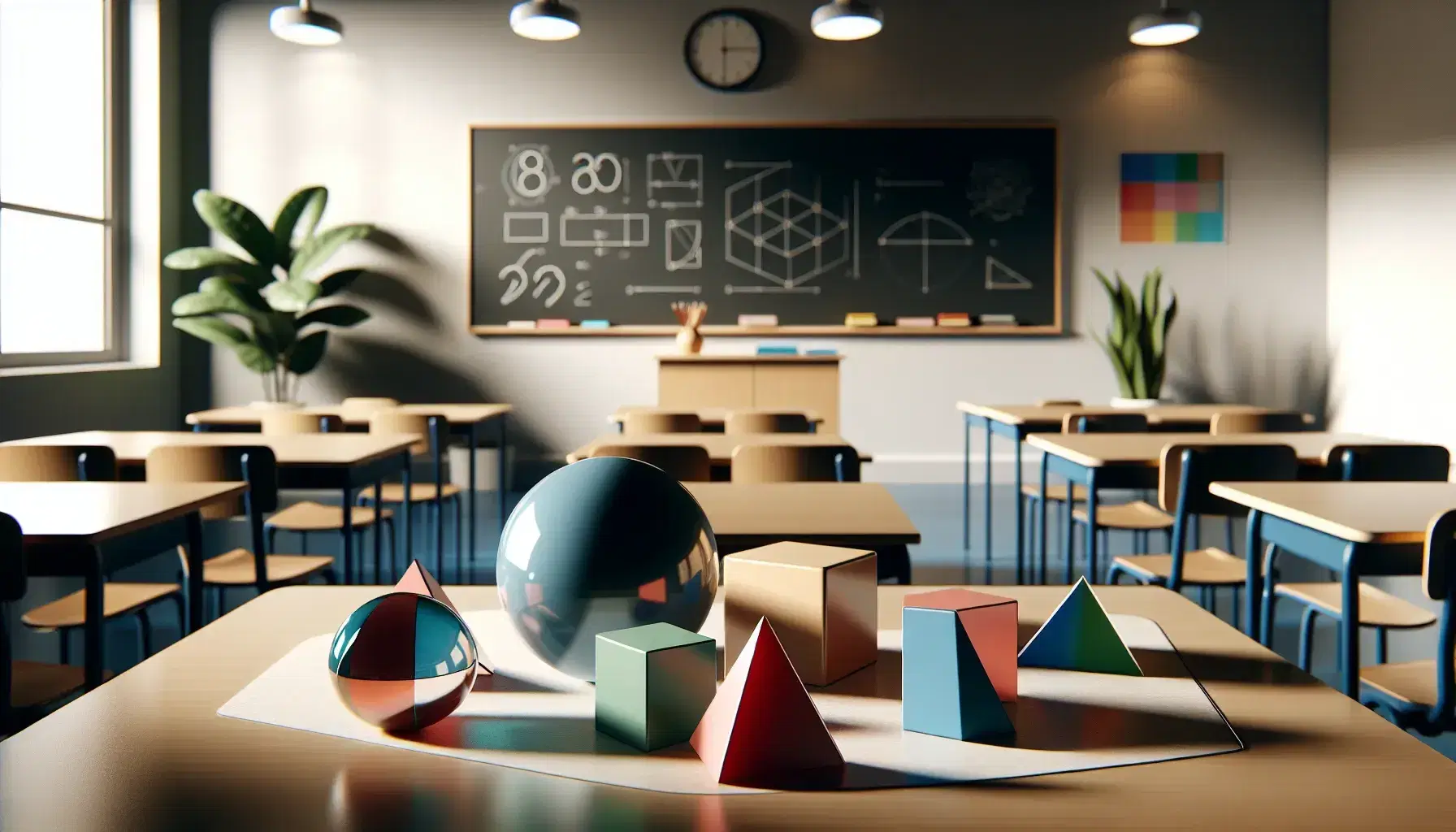 Bright classroom with 3D geometric shapes on desk, including a reflective sphere, blue cube, and red pyramid, alongside 2D colored paper shapes.