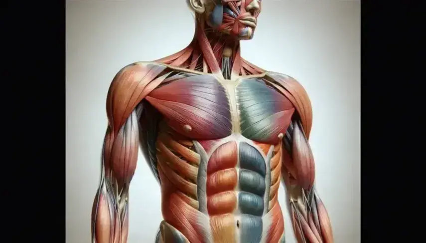 Illustrazione anatomica dettagliata dei muscoli addominali umani con pelle trasparente che mostra strati muscolari colorati in posizione eretta.