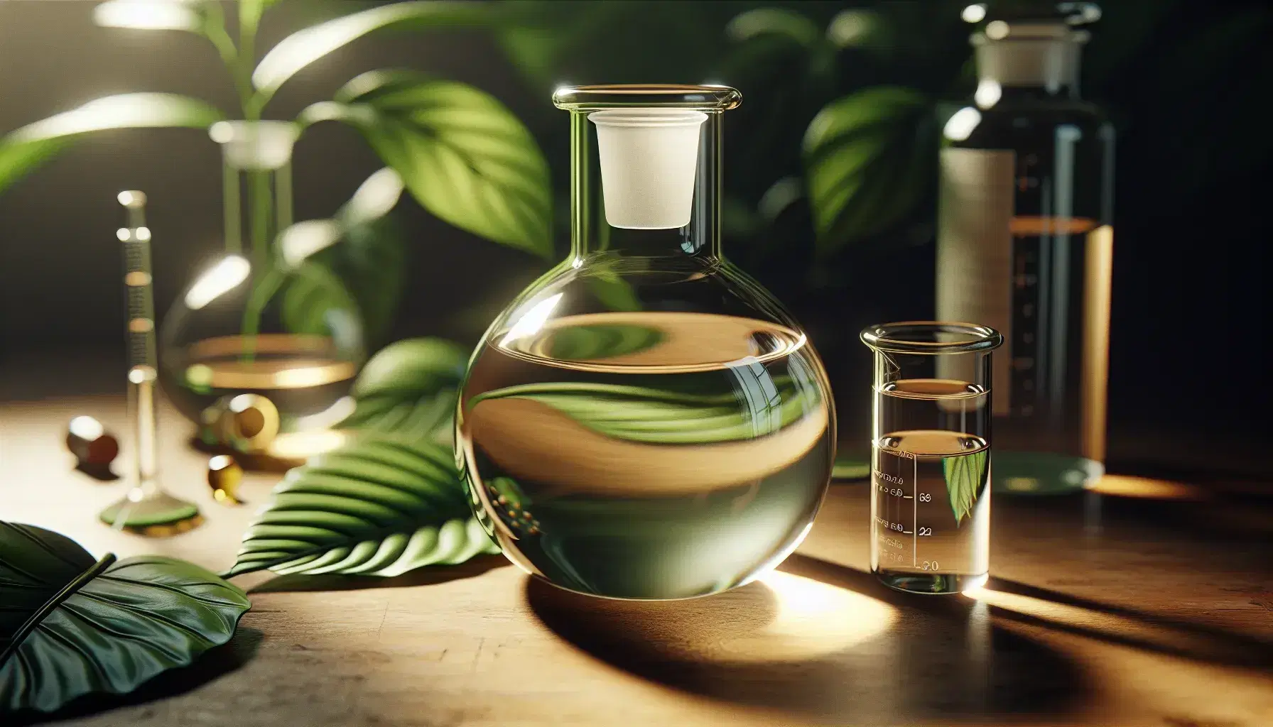 Glass flask with pale yellow liquid on wooden laboratory bench, next to beaker with transparent liquid, blurry green leaves background.