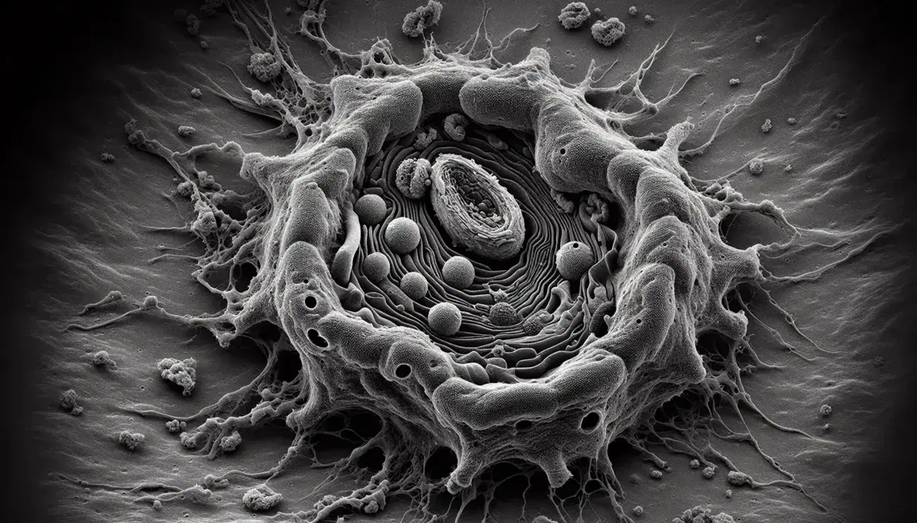 Micrografía electrónica de alta resolución mostrando una célula con orgánulos como mitocondrias y núcleo, rodeada de estructuras filamentosas.
