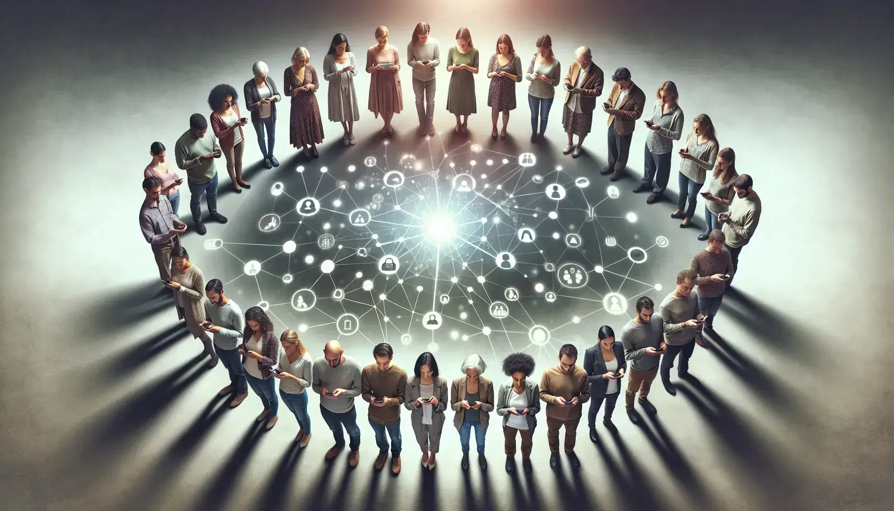 Multiethnic group united in circle with electronic devices, blue light on faces, abstract network background, digital connection symbol.