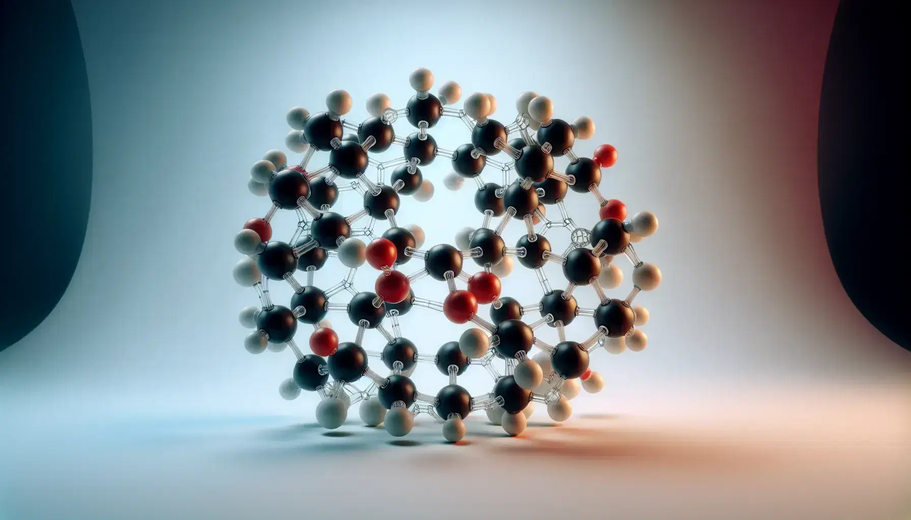 Three-dimensional molecular model of cyclic glucose with black carbon, red oxygen and white hydrogen atoms on a light blue-white gradient background.