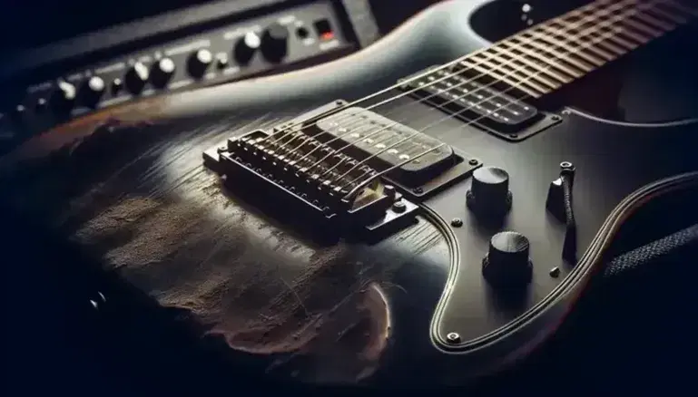 Guitarra eléctrica desgastada con cuerpo negro y cuerdas metálicas sobre fondo borroso de amplificador, reflejando uso intensivo y pasión musical.