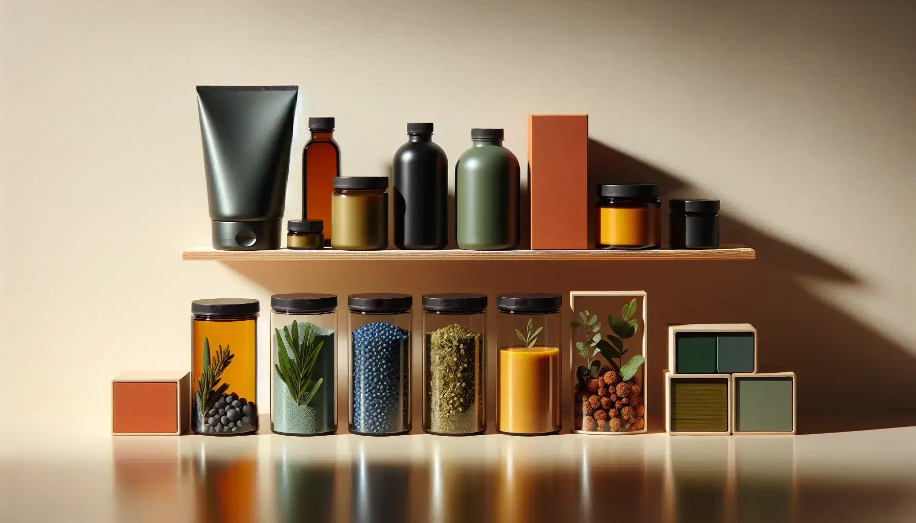 Assorted eco-friendly products on a light background, including a matte black bottle, red tin, green box, glass jars with colorful contents, and white canvas tote bags.
