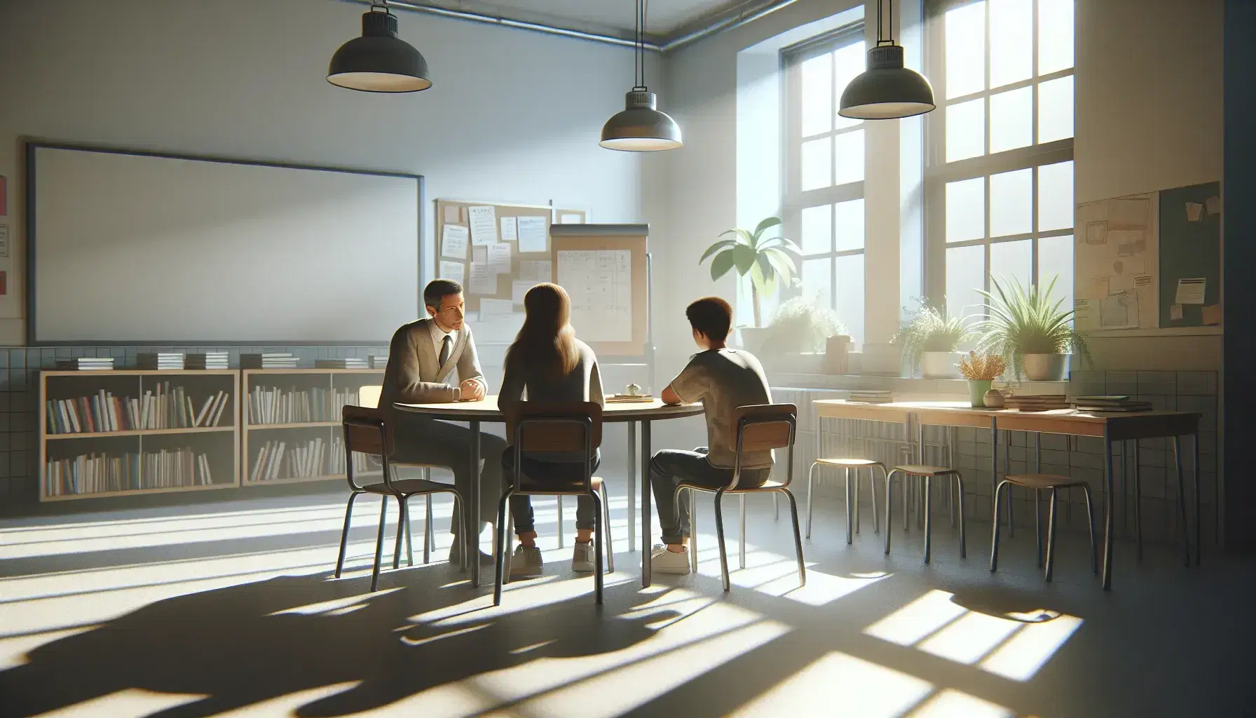 Aula escolar iluminada con luz natural, dos estudiantes y un adulto conversan alrededor de una mesa redonda, pizarra en blanco y estantería con libros al fondo.